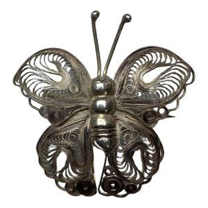 Vintage Sterling Silver Open Filigree Scroll Work Butterfly Brooch